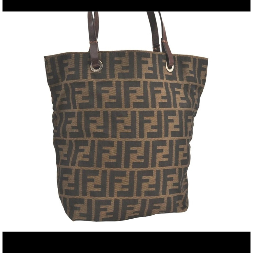 Authentic FENDI Vintage Zucca Tote Hand Bag Purse Nylon Leather Brown